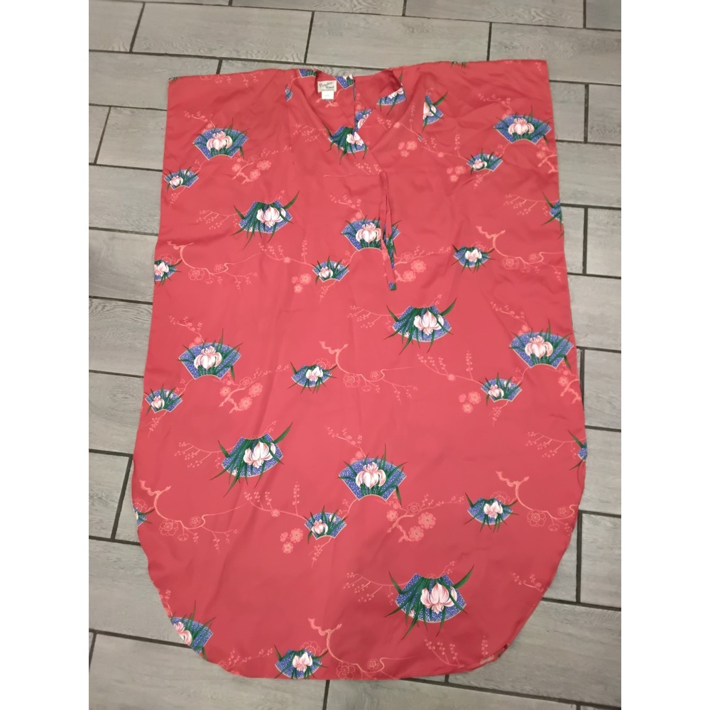 Paradiseโ Hawaii Muumuu Dress Pink Japanese Fan Floral Kaftan Made in Honolulu L